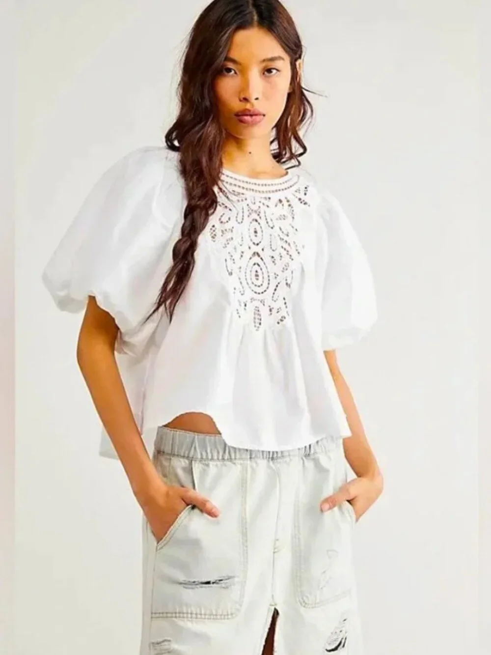 Free People White Bardot Puff Sleeve Crochet Front Top Size Small
